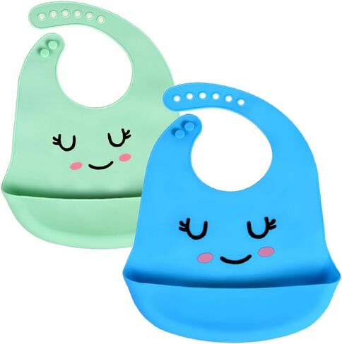 2 Pack Adjustable Waterproof Food Grade Silicone Feeding Bib with Food Catcher Pocket for 0-36 Month Baby Easy Clean in Saudi Arabia