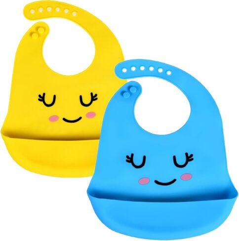 2 Pack Adjustable Waterproof Food Grade Silicone Feeding Bib with Food Catcher Pocket for 0-36 Month Baby Easy Clean in Saudi Arabia