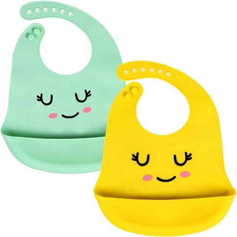 2 Pack Adjustable Waterproof Food Grade Silicone Feeding Bib with Food Catcher Pocket for 0-36 Month Baby Easy Clean in Saudi Arabia