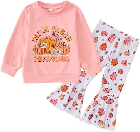 Halloween Bell Bottoms Outfit Toddler Baby Farm Fresh Pumpkin Sweatshirt Crewneck Long Sleeve Pullover + Flare Pants in Saudi Arabia