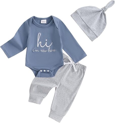Newborn Baby Boy Clothes Hi I'm New Here Coming Home Outfit Letter Print Romper Pant Fall Winter Baby Boy's Clothing in Saudi Arabia
