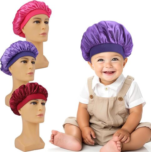 Thinp 3 Pcs Kids Satin Bonnet,Baby Bonnet Elastic Wide Band Baby Silk Bonnet Toddler Bonnet Soft Silk Bonnet for Sleeping Toddler Silk Bonnet for Kids Teens Toddler Girls Boys Curly Hair Natural Hair in Saudi Arabia