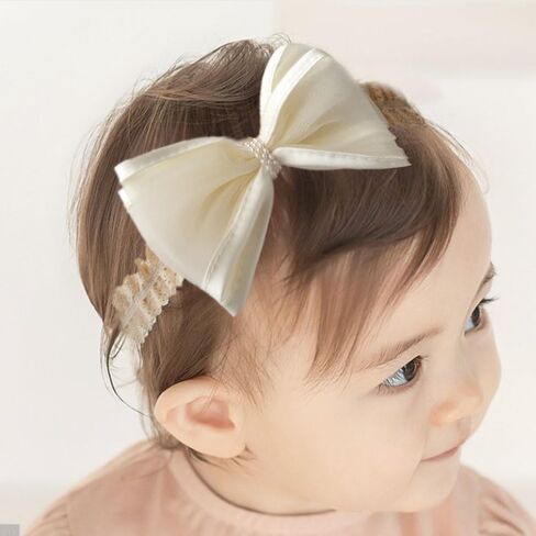 Cute Baby Girl Lace Headband Lace Bow Hair Accessories Elastic Bow Head Wrap for Newborn Infant Toddler Christening Baptism Party Hair Accessories for 0-36 Months (Ivory F, Free) in Saudi Arabia