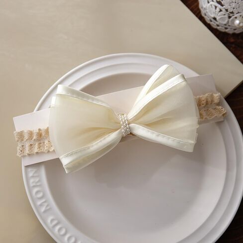 Cute Baby Girl Lace Headband Lace Bow Hair Accessories Elastic Bow Head Wrap for Newborn Infant Toddler Christening Baptism Party Hair Accessories for 0-36 Months (Ivory F, Free) in Saudi Arabia