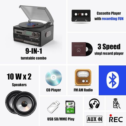 9 in 1 Record Player with Built-in Stereo Speakers, 3 Speeds Bluetooth Turntable with 3.5MM Audio Jack, Vinly Phonograph with AM/FM Radio, CD/Cassette, USB/SD Play Ripping, AUX-in/RCA-Out (Gray-Black) in Saudi Arabia