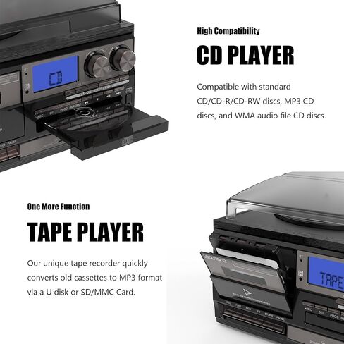 9 in 1 Record Player with Built-in Stereo Speakers, 3 Speeds Bluetooth Turntable with 3.5MM Audio Jack, Vinly Phonograph with AM/FM Radio, CD/Cassette, USB/SD Play Ripping, AUX-in/RCA-Out (Gray-Black) in Saudi Arabia