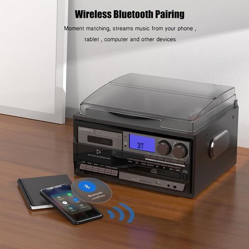 9 in 1 Record Player with Built-in Stereo Speakers, 3 Speeds Bluetooth Turntable with 3.5MM Audio Jack, Vinly Phonograph with AM/FM Radio, CD/Cassette, USB/SD Play Ripping, AUX-in/RCA-Out (Gray-Black) in Saudi Arabia