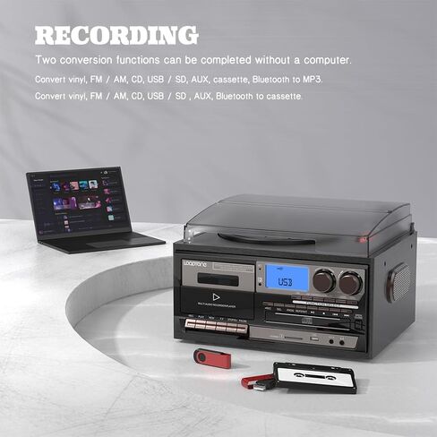9 in 1 Record Player with Built-in Stereo Speakers, 3 Speeds Bluetooth Turntable with 3.5MM Audio Jack, Vinly Phonograph with AM/FM Radio, CD/Cassette, USB/SD Play Ripping, AUX-in/RCA-Out (Gray-Black) in Saudi Arabia