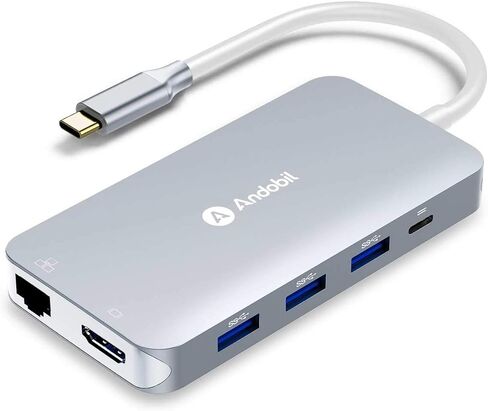 Andobil New White 9-in-1 USB C Hub محول دونجل، إيثرنت، 4K HDMI، 4 منافذ USB 3.0، USB-C PD، قارئ بطاقة SD/TF لجهاز MacBook pro، Dell XPS in Kuwait