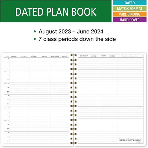 Elan Publishing Company HARDCOVER 7 Period Dated Teacher Lesson Plan; Days Horizontally Across The Top Dated for 2024-2025 Academic Year with Bonus Clip-in Bookmark (Rainbow Gold Marble) in Saudi Arabia
