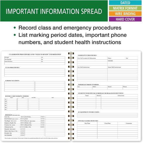 Elan Publishing Company HARDCOVER 7 Period Dated Teacher Lesson Plan; Days Horizontally Across The Top Dated for 2024-2025 Academic Year with Bonus Clip-in Bookmark (Rainbow Gold Marble) in Saudi Arabia