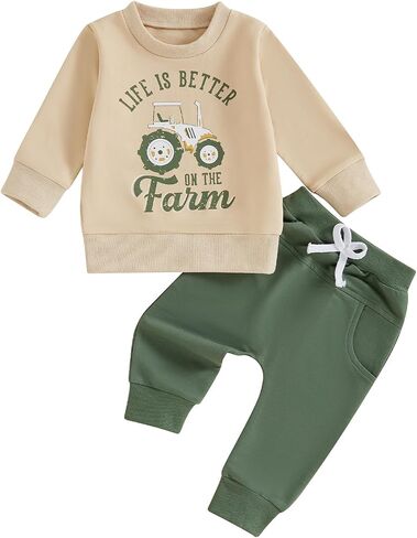 Toddler Boys Fall Outfits Farm Truck Letter Print Long Sleeve Crew Neck Sweatshirts Pocket Pants 2Pcs Clothes Set in Saudi Arabia