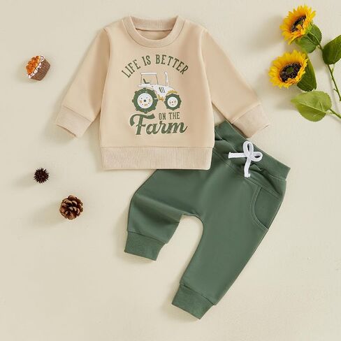 Toddler Boys Fall Outfits Farm Truck Letter Print Long Sleeve Crew Neck Sweatshirts Pocket Pants 2Pcs Clothes Set in Saudi Arabia
