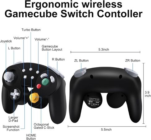 HaeBorl Wireless Gamecube Switch Controller, Switch Pro Controller Compatible with Nintendo Switch/Switch OLED/Steam/PC, Switch Controller with 600mAh Built-in Battery, Turbo&Dual Vibration, Black in Saudi Arabia