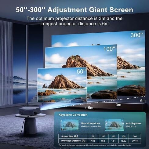 جهاز عرض مزود بواي فاي وبلوتوث، جهاز عرض 4K [تركيز تلقائي/6D Keystone] أجهزة عرض أصلية 1080P مع شاشة 300 بوصة، 600 ANSI 4K يدعم تكبير بنسبة 50%، جهاز عرض Agreago خارجي لنظام iOS/Android/TV Stick in Kuwait