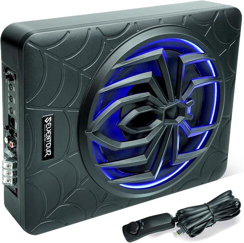 10" 1000W Slim Under Seat Powered Car Subwoofer, Car/Truck Audio Sub Built in Amplifier Combo, with Colorful LED Ambient Lights (RGB LED Subwoofer+Mounting Wire Kit) in Kuwait
