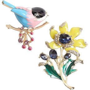 Opexicos 2Pcs Creative Design Multicolor Bird Brooch Pins Enamel Animal Hummingbird Brooches and Yellow Enamel Flower Brooches