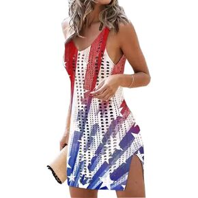 AIMITAG American Flag Dress Womens Hollow Out Slit Crochet Cover Up Sleeveless Tank Dress 4th of July Beach Swimwear Dresses