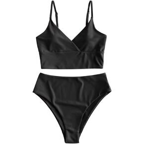 ZAFUL Women's Plunging Neck Floral Surplice High Cut Two Piece Tankini Swimsuit