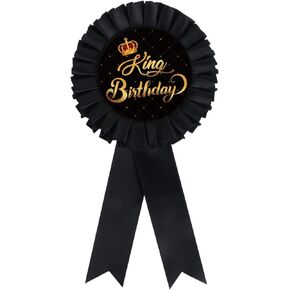INNORU Satin Fabric King Birthday Tinplate Badge Pin, Boy Men Birthday Rosette Button Pins, Happy Birthday Dad Party Accessory Brooch Pin, Children Adults Party Decorations Black, Pack of 1