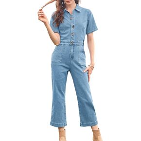 Cicy Bell Women's Short Sleeve Denim Jumpsuits Elastic Waist Cropped Capri Jeans Rompers
