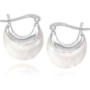AeraVida White Mother of Pearl Crescent Moon 16 mm Hoop .925 Sterling Silver Huggie Earrings | Classic Sterling Silver Huggie Earrings | Vintage Earrings for Women