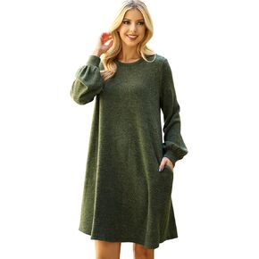 Comfy Pocket Shift Swing Jersey Dress - Loose Trepeze Midi Flare Tunic Quarter, Long Sleeve, Buffalo Plaid, Floral, Stripe