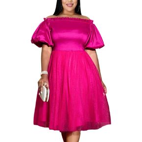 ONTINVA Women's Plus Size Mesh Puff Sleeve Off Sholder Ruffled Solid A Line Short Dress