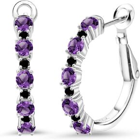 Gem Stone King 925 Sterling Silver Women Hoop Earrings Purple Amethyst Black Diamond (1.26 Cttw, Gemstone Birthstone, Round Cut 3MM and 1.8MM, 3/7 Inch Diameter)
