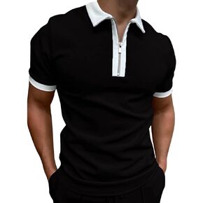Rela Bota Mens Short Sleeve Polo Shirts Fashion Zipper Polos Casual Slim Fit T-Shirt Black White 3XL