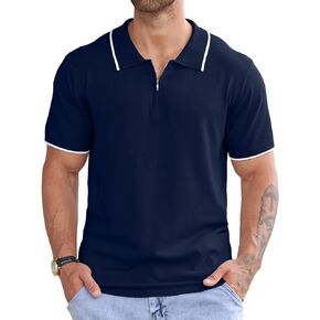 Askdeer Men's Zipper Polo Shirt Knit Casual Short Sleeve Polo T Shirt Classic Fit Business Shirts