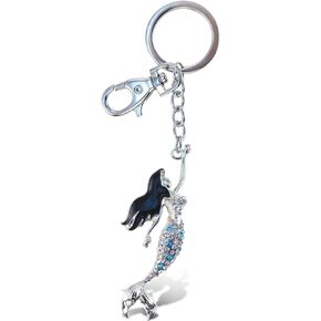 Aqua79 Mermaid Keychain - Silver 3D Sparkling Charm Rhinestones Fashionable Stylish Metal Alloy Durable Key Ring Bling Crystal Jewelry Accessory With Clasp