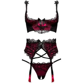 Lovehoney Crotchless Lingerie for Women - Black Boudoir Belle Cherry Satin Open Quarter Cup Bra Set with Lace Suspender Garter Belt & G String - Small: 2-4