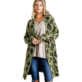 Umgee Womens Fuzzy Animal Print Open Front Cardigan Sweater