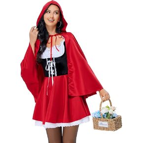 KOJOOIN Little Red Riding Hood Costume for Women Halloween Party Dress with Cape Adult Role-Play Costumes