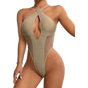 OYOANGLE Women's Criss Cross Cut Out Halter One Piece Swimsuit High Cut Thong Bathing Suit