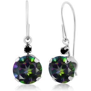 Gem Stone King 14K White Gold Green Mystic Topaz and Black Diamond Leverback Dangle Earrings For Women (2.03 Cttw, Gemstone Birthstone, Round 6MM)