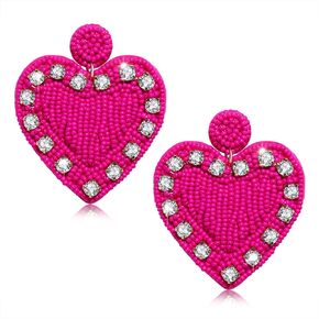 Valentine’s Day Earrings Handmade Crystal Beaded Heart Earrings Shimmering Rhinestone Beads Statement Love Heart Dangle Earrings for Women Girls Valentines Jewelry Gift