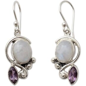 NOVICA Artisan Handmade Rainbow Moonstone Amethyst Dangle Earrings with Silver Sterling Purple Clear India Orchid Birthstone 'Twilight'