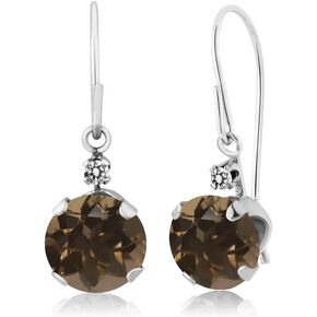 Gem Stone King 14K White Gold Brown Smoky Quartz and White Diamond Leverback Dangle Earrings For Women (1.63 Cttw, Gemstone Birthstone, Round 6MM)
