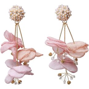 GOGNGTR Bohemia Emulation Fabric Flower Earrings for Women Hand Made Lace Tassel Rhinestone Pearl Earrings Dangle