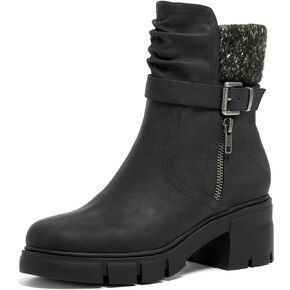 vodvob Women's Ankle Boots Warm Lined Booties Lug Sole Zipper Chunky Heel Boots with Buckle