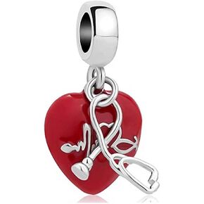 Heartbeat Stethoscope ECG Love Heart Dangle Nurse Charms Compatible with Pandora Charm Bracelets for Women Girls
