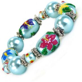 Linpeng Women Stretch Bracelet / Hand Painted Tree Glass Beads / Tropical Style / Length Around 7.5" / Beads size 13x18MM / Pearl color /1 pc