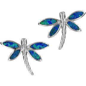 Sterling Silver Synthetic Blue Opal Dragonfly Stud Earrings