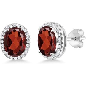 Gem Stone King 925 Sterling Silver Red Garnet Halo Earrings for Women (4.08 Cttw, Gemstone Birthstone, Oval 9X7MM)