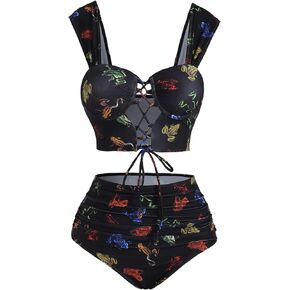 DRESSFO Bikini Set for Women Two Piece Bathing Suit High Waisted Bikini Gothic Sun and Moon Tummy Control Swimsuits