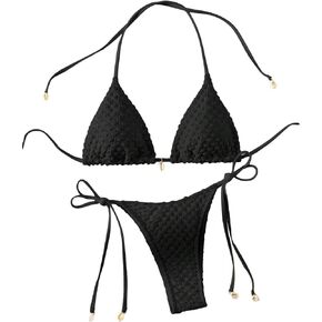 Verdusa Women's 2 Piece Triangle Bathing Suit Halter Tops Tie Side Thong Bikini Swimsuits