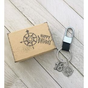 Compass 18th Birthday ~ Black Leather Keepsake Genuine Leather Key Chain with Gift Packaging for Boy or Girl 18 Birthday Gift The Journey is The Destination