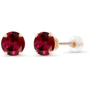 Gem Stone King 10K Rose Gold Red Created Ruby Stud Earrings For Women (2.00 Cttw, Round 6MM)